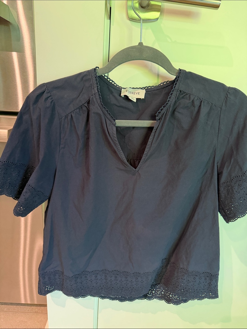 Evereve Navy Eyelet-Trim V-Neck Cotton Top